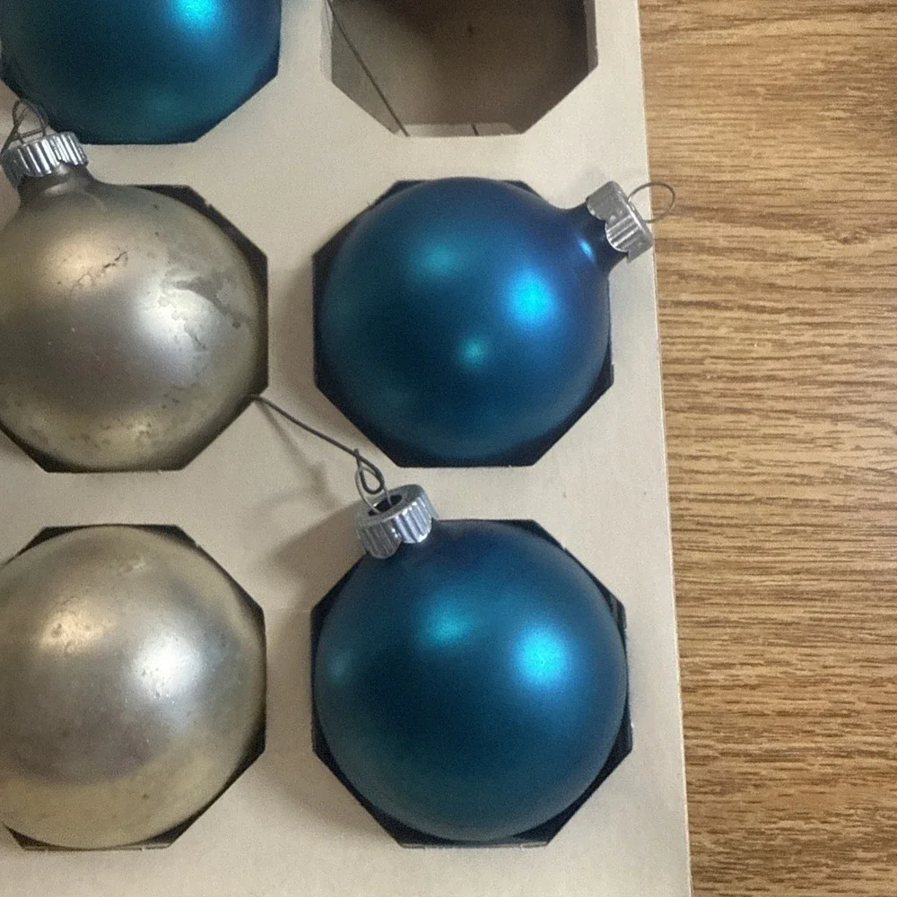 Shiny Brite Christmas ornaments (11), blue And Silver, in box‎ VINTAGE